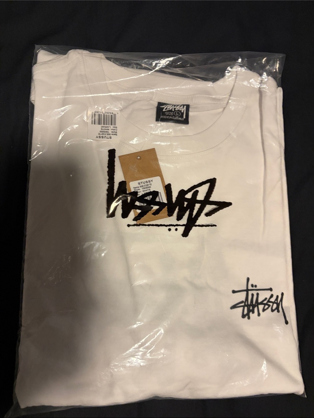 Stussy White Tee with Black Script Logo L